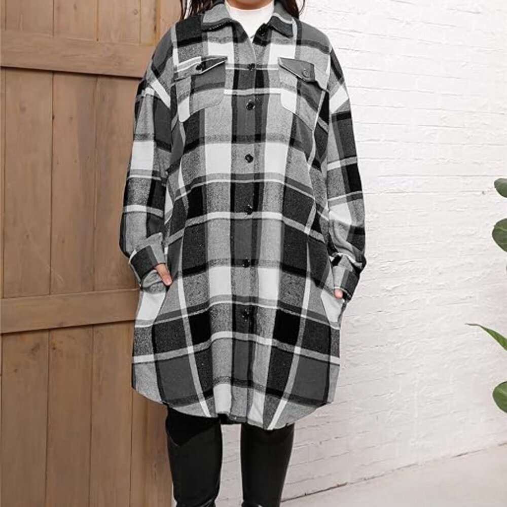 Black and White Plaid Longline Shacket Drop Shoulder Coat - NWT - 18W - Picture 2 of 2